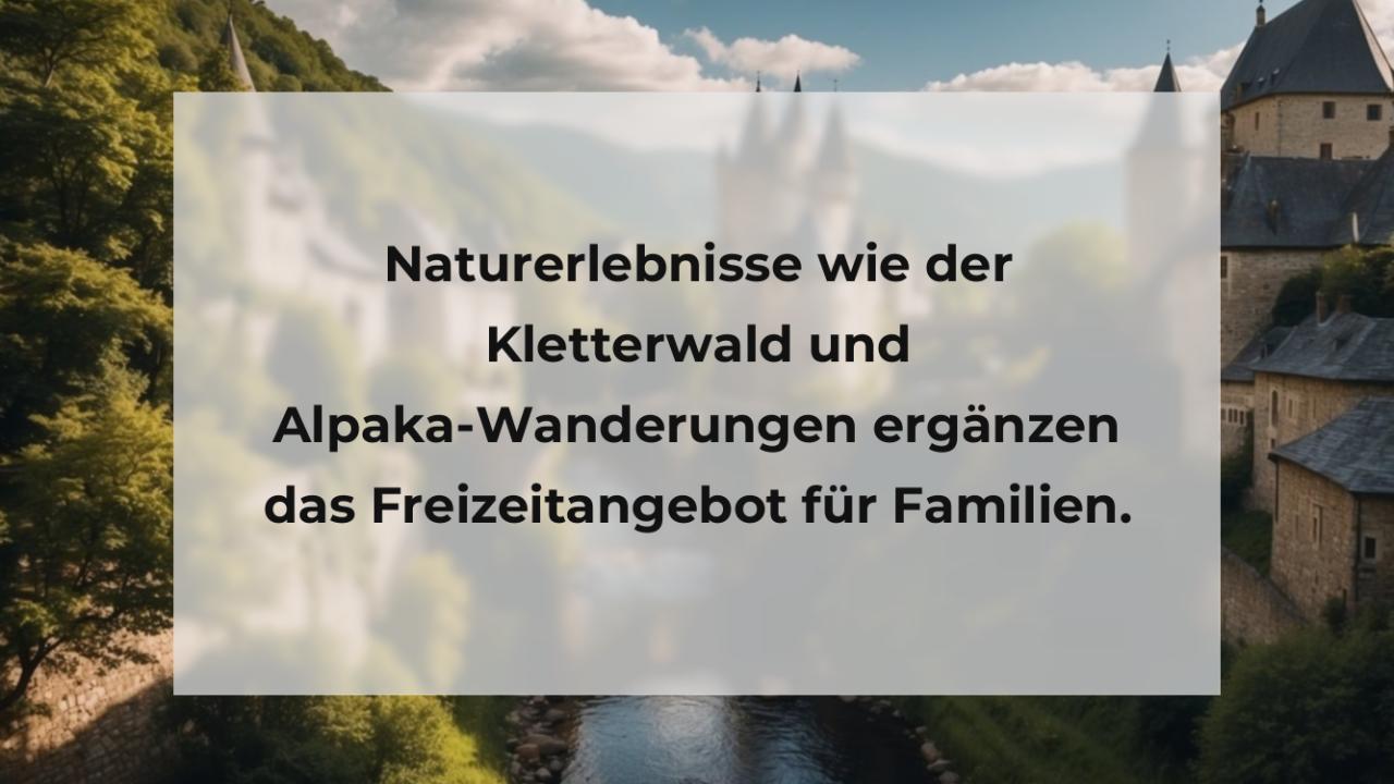 Naturerlebnisse wie der Kletterwald und Alpaka-Wanderungen ergänzen das Freizeitangebot für Familien.